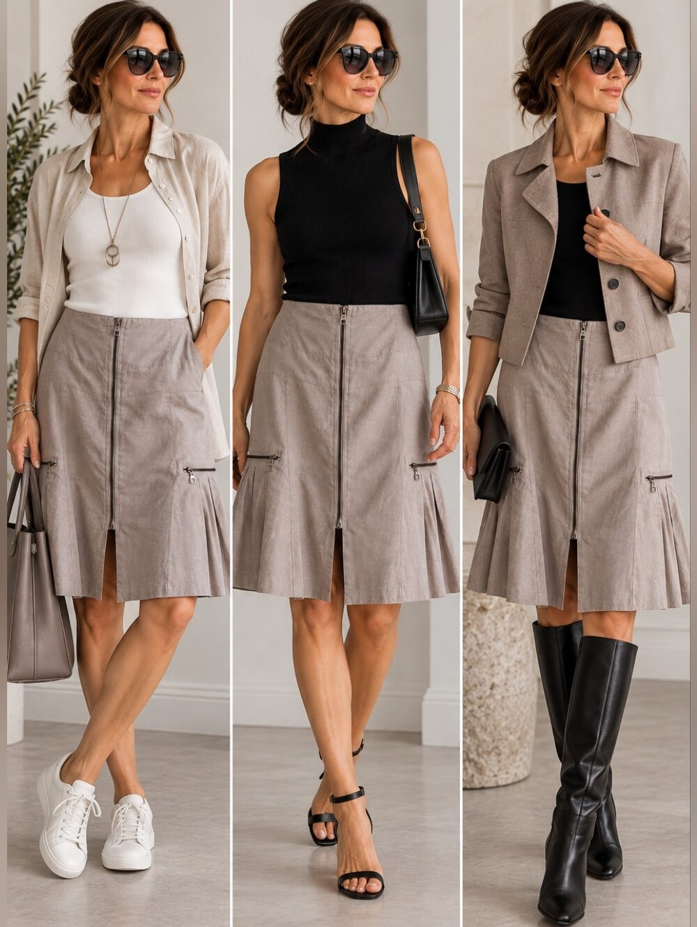 Sarah Pacini Coated Linen A-Line Skirt Knee Length Zip Pockets
